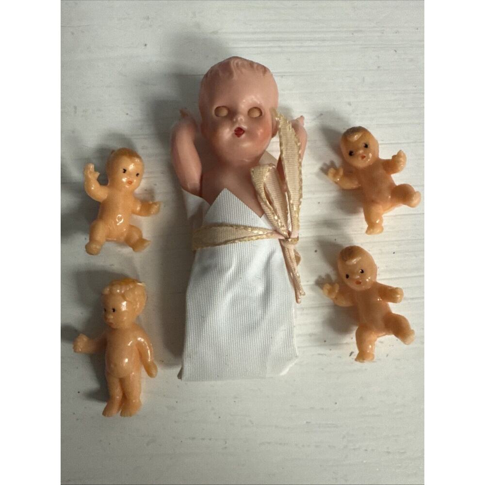 50s Celluloid Jointed Baby Doll Blanket Tiny Mini Doll House Babies VTG BUNDLE